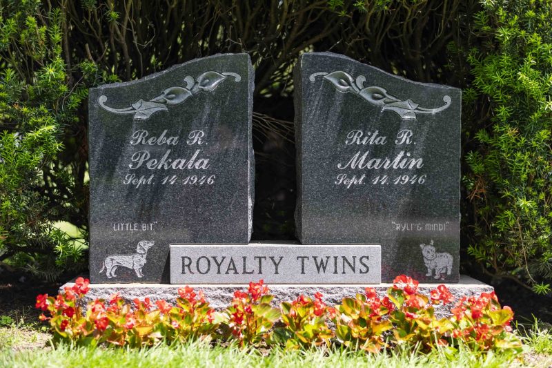 Pekala Martin Royal Twins Headstones with Dog and Calla Lily Carvings