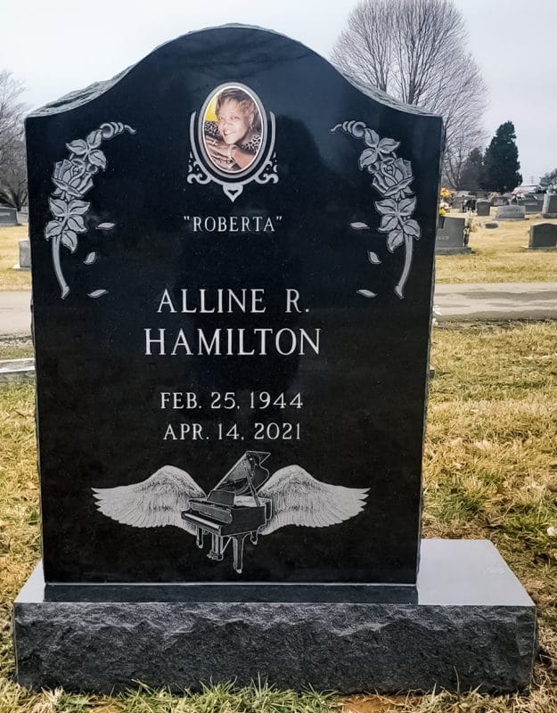 Hamilton Memorial with Ceramic Photo and Etched Piano with Angel Wings